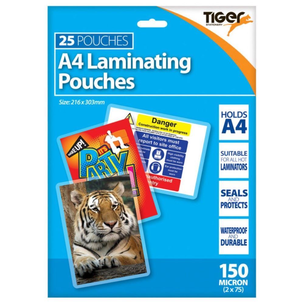 TIGER STATIONERY A4 LAMINATING POUICHES 150 MICRON 25/PK. T301821 \\\KD17154