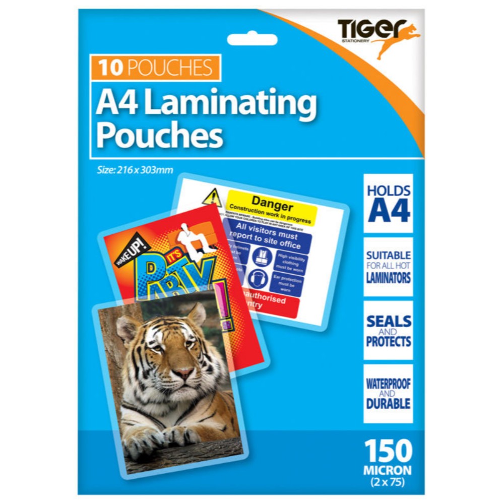 TIGER STATIONERY A4 LAMINATING POUICHES 150 MICRON 10/PK. T301820 \\\KD17155