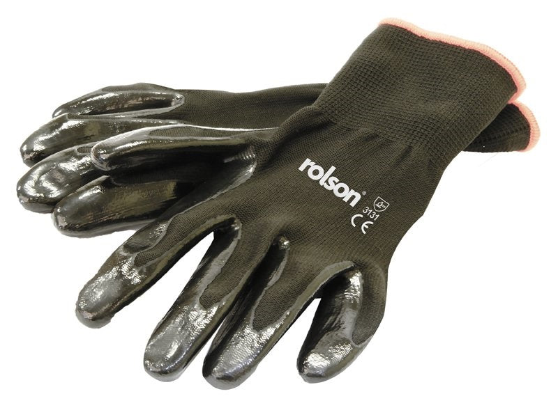 ROLSON BLACK NITRILE COAT WORK GLOVES L 4 PAIRS. RT60662 \\\KD17306