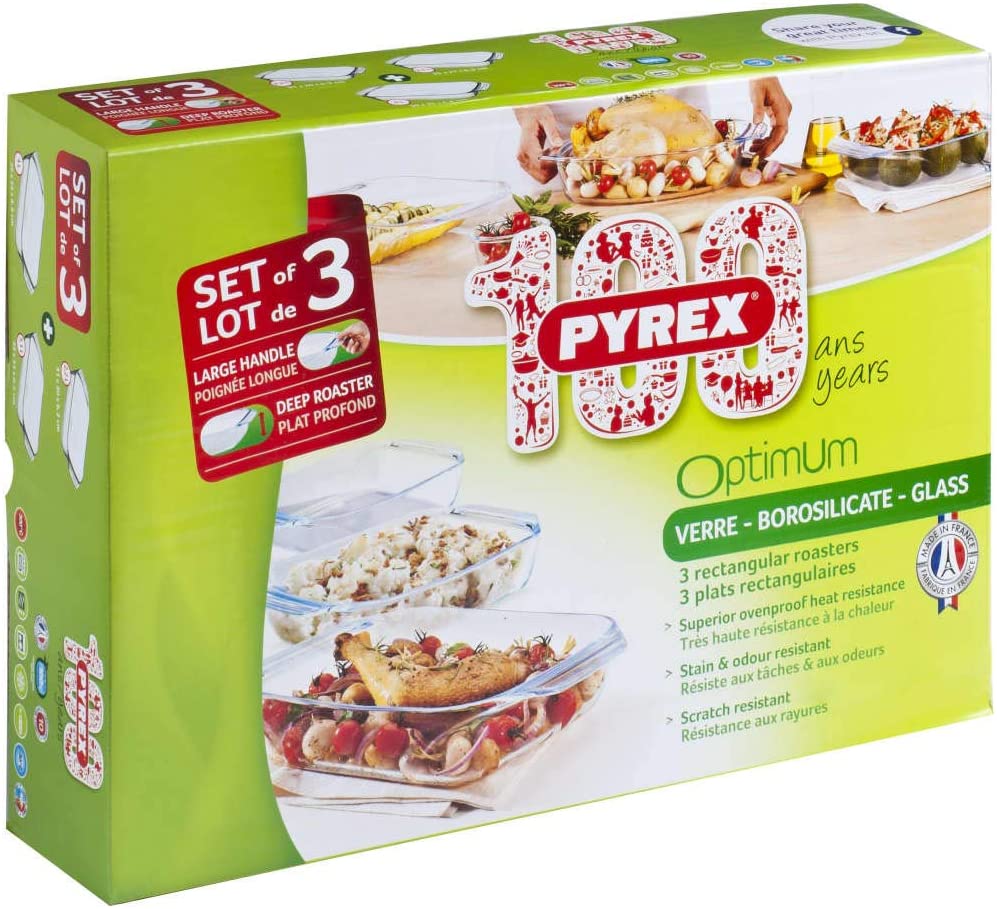 PYREX SET OF 3 OPTIMUM GLASS RECTANGULAR ROASTING PANS. 912S734 \\\KD17354