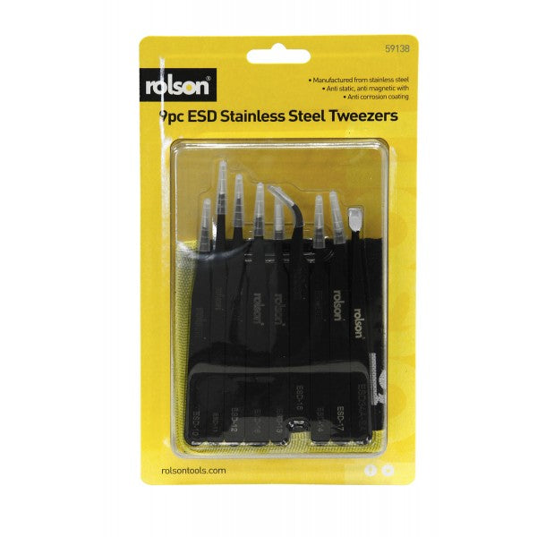 ROLSON ESD STAINLESS STEEL TWEEZER SET 9/PK. RT59138 \\\KD17465