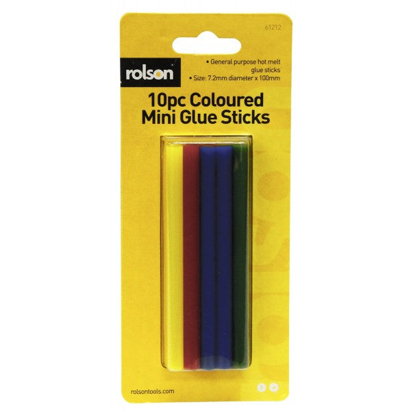 ROLSON MINI COLOUR GLUE STICKS  7.2MM D X 100MM 10/PK. RT61212 \\\KD17486