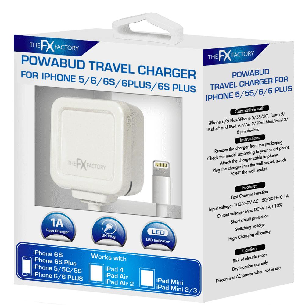 THE FX FACTORY MAINS CHARGER FOR IPHONE 5 / 6 / 7 / 8 / X. FXMPOWABUDIPH5WH \\\KD17542