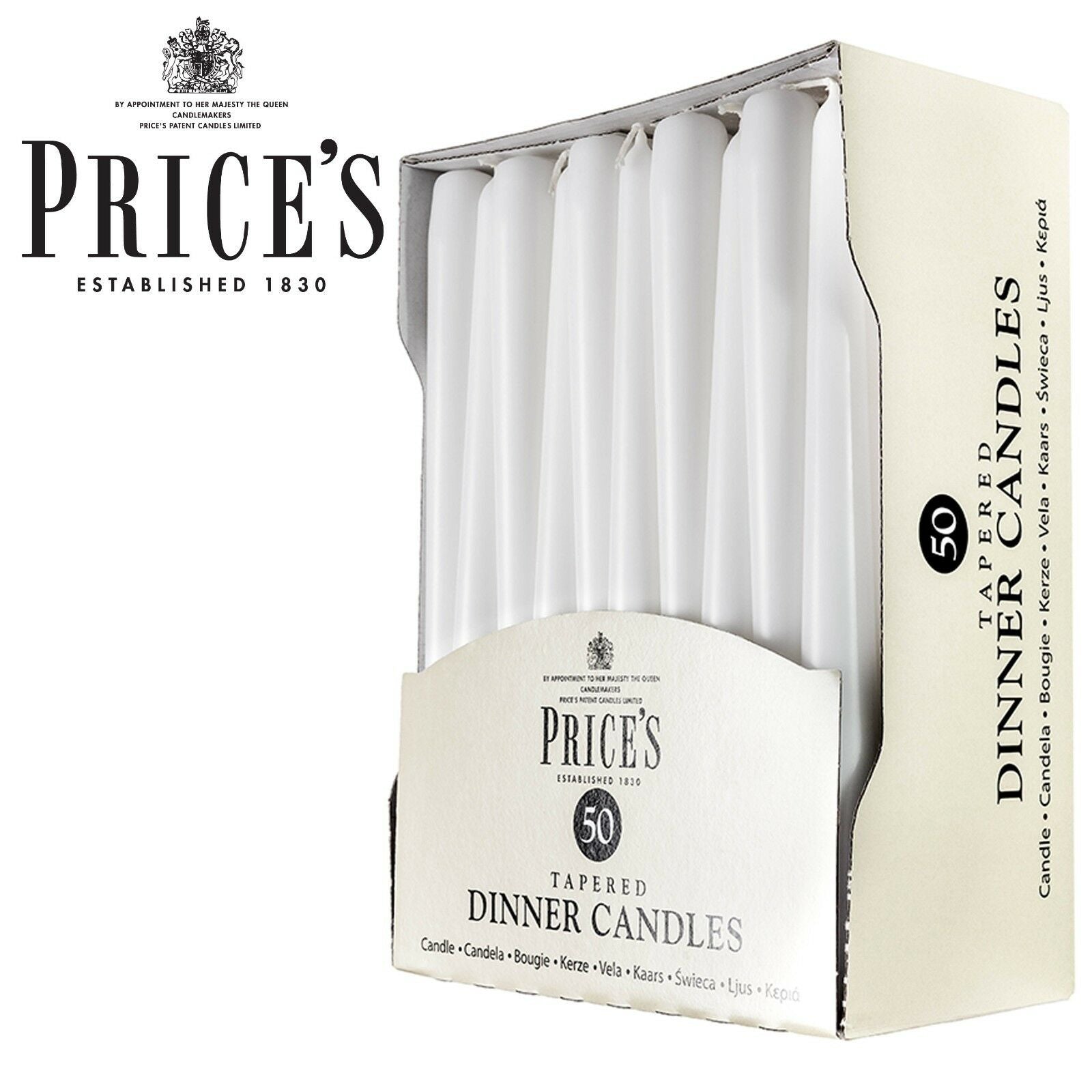 PRICES WHITE TAPERED DINNER CANDLE UNWRAPPED 7HRS 50/PK. TDC005028 327438 \\\KD17626