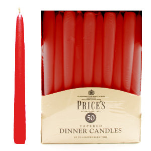 PRICES RED TAPERED DINNER CANDLE UNWRAPPED 7HRS 50/PK. TDC005005 327414 \\\KD17628
