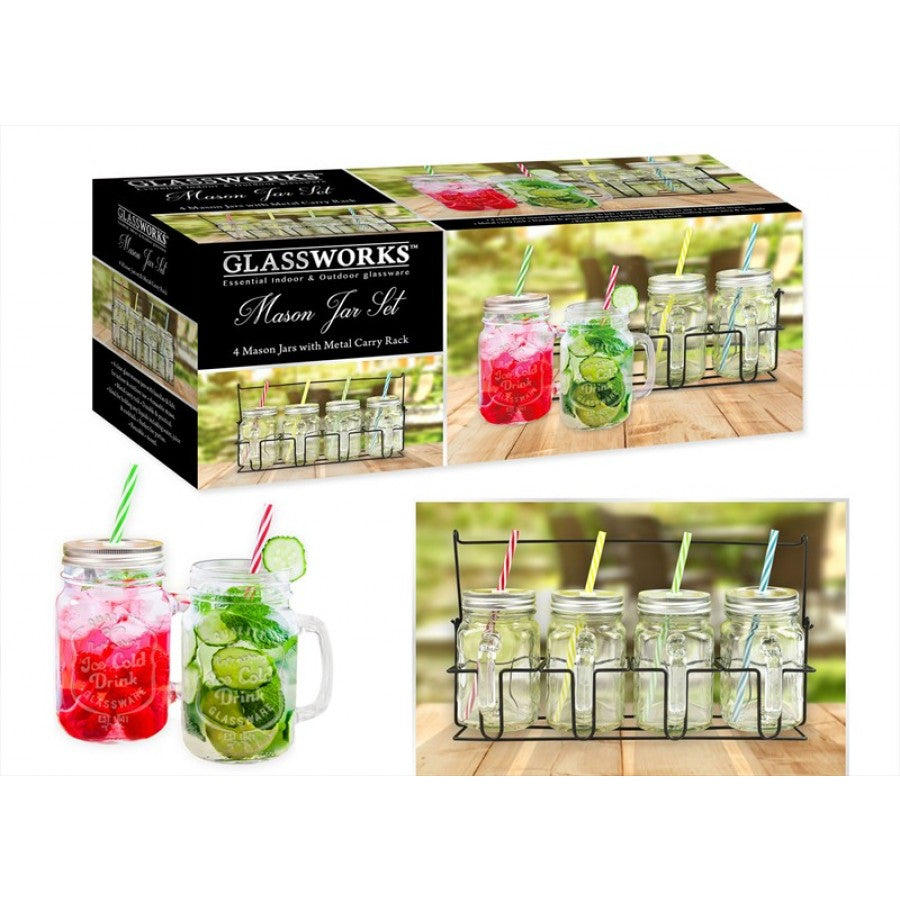 GLASSWORKS CLEAR EMBOSSED MASON JAR WITH RACK 400ML 4/PK. AM1656 \\\KD17789