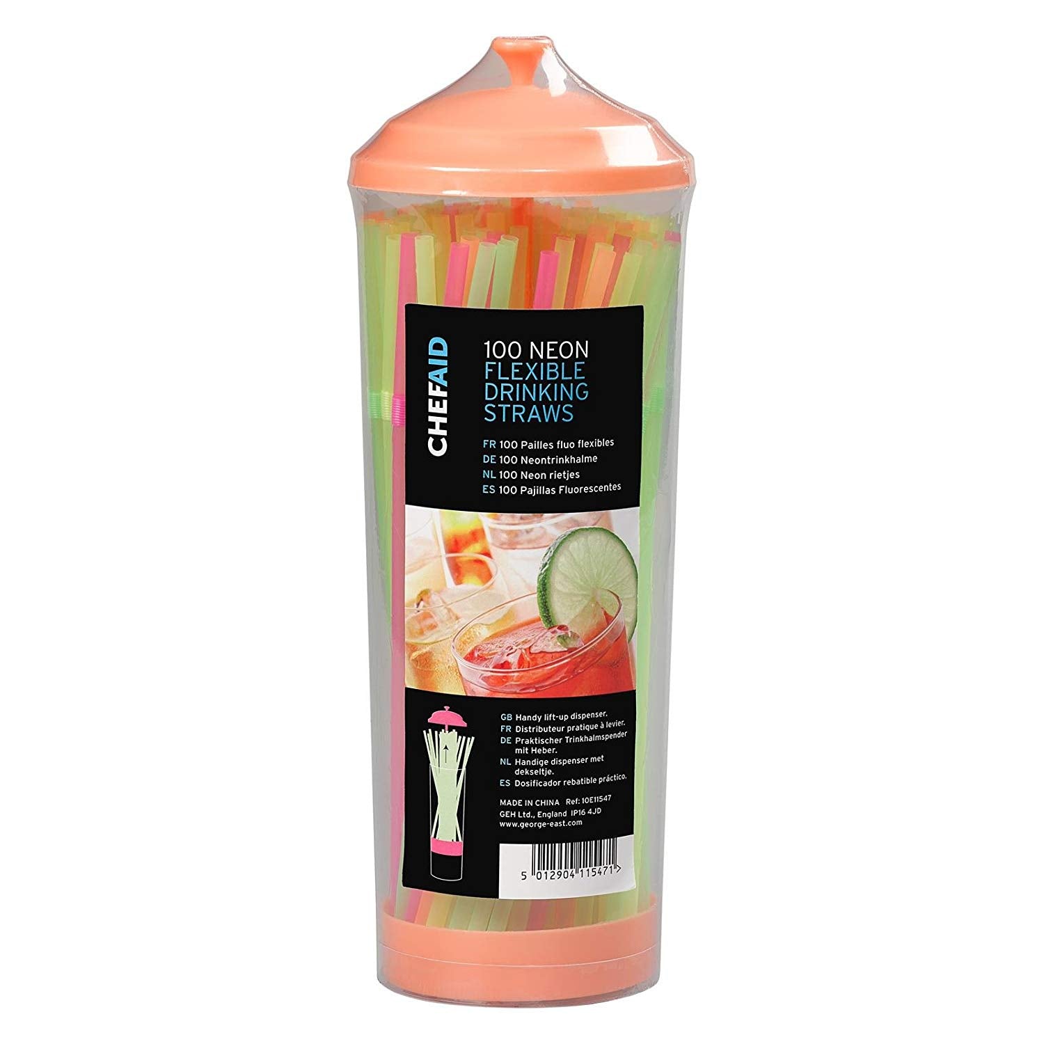 CHEF AID 100 FLEXIBLE NEON STRAWS WITH DISPENSER. 10E11547 \\\KD17908