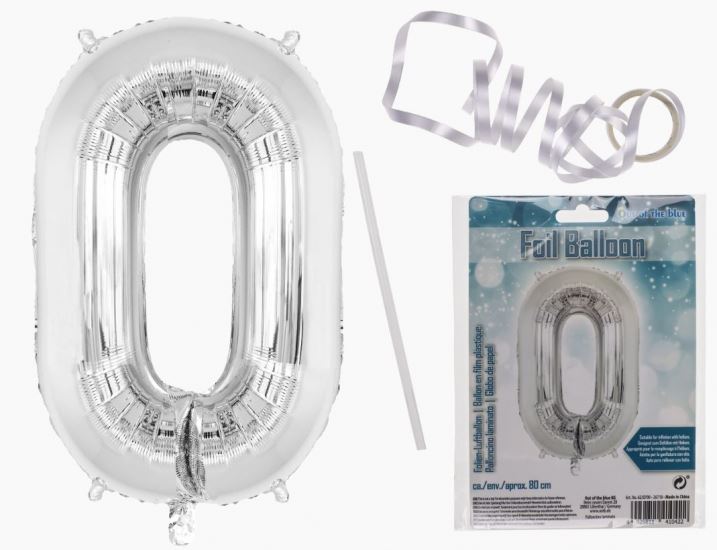 SILVER COLOURED FOIL BALLON NUMBER 0 FILL WITH AIR HEADER CARD. OB620700 \\\KD17932