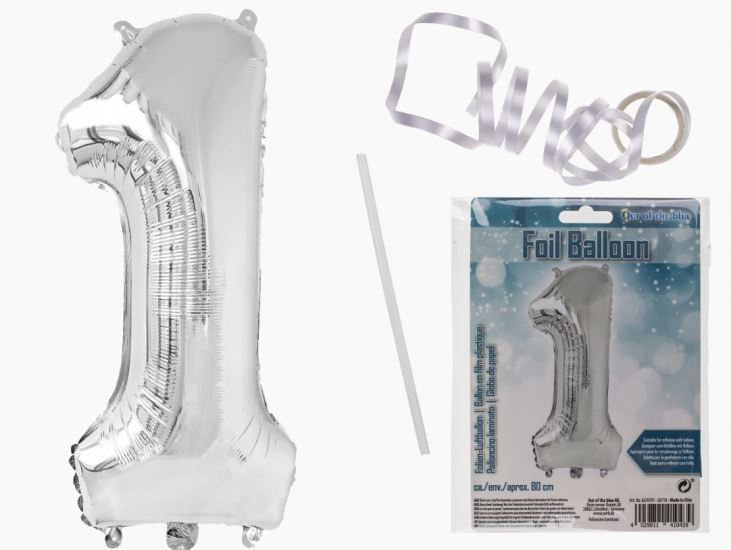 SILVER COLOURED FOIL BALLON NUMBER 1 FILL WITH AIR 86CM. OB620701 \\\KD17933
