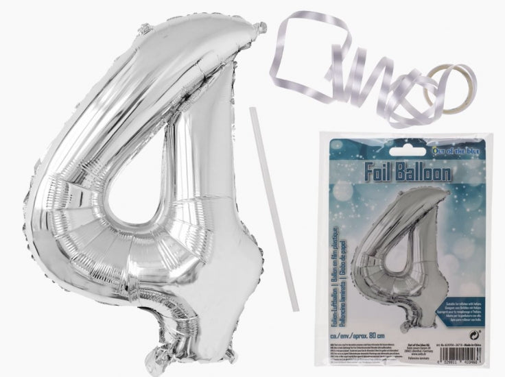 SILVER FOIL BALLOON NUMBER 4 86CM FILL WITH AIR OR HELIUM. OB620704 \\\KD17934
