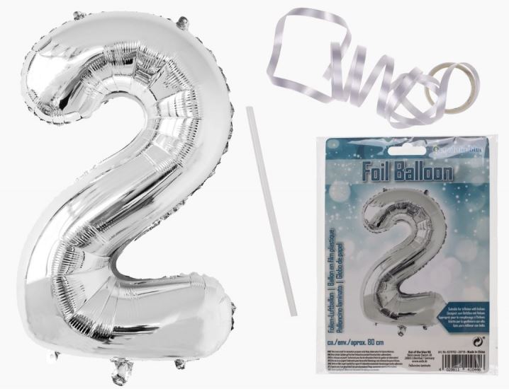 SILVER FOIL BALLOON NUMBER 2 86CM FILL WITH AIR OR HELIUM. OB620702 \\\KD17935