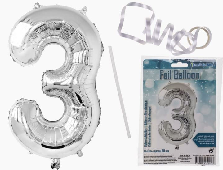 SILVER FOIL BALLOON NUMBER 3 86CM FILL WITH AIR OR HELIUM. OB620703 \\\KD17936