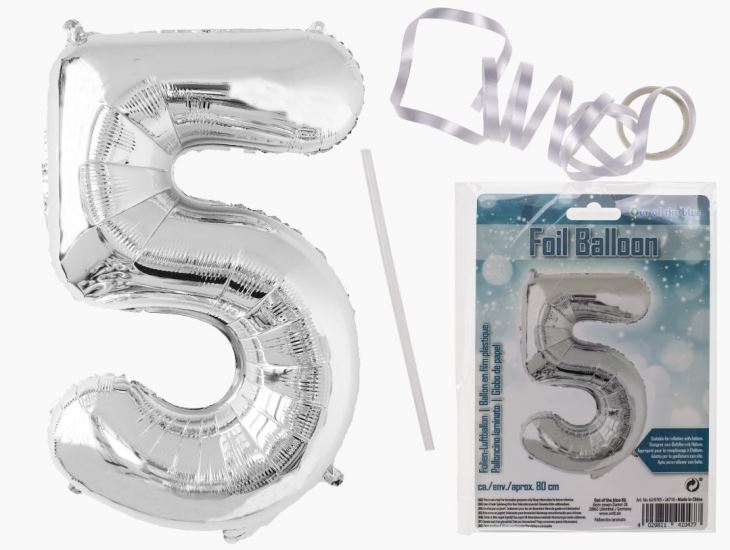 SILVER FOIL BALLOON NUMBER 5 86CM FILL WITH AIR OR HELIUM. OB620705 \\\KD17937