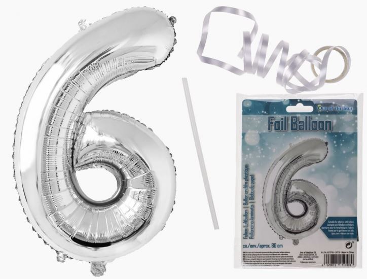 SILVER FOIL BALLOON NUMBER 6 86CM FILL WITH AIR OR HELIUM. OB620706 \\\KD17938