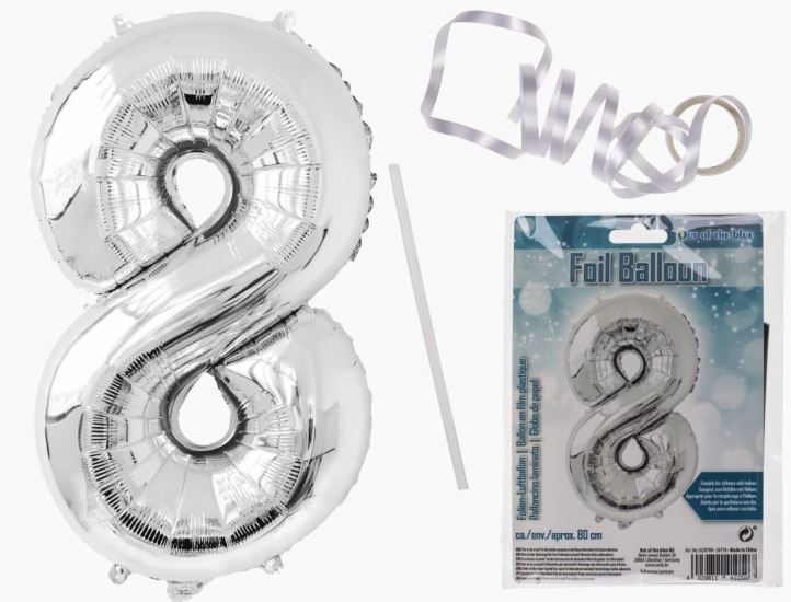 SILVER FOIL BALLOON NUMBER 8 86CM FILL WITH AIR OR HELIUM. OB620708 \\\KD17940