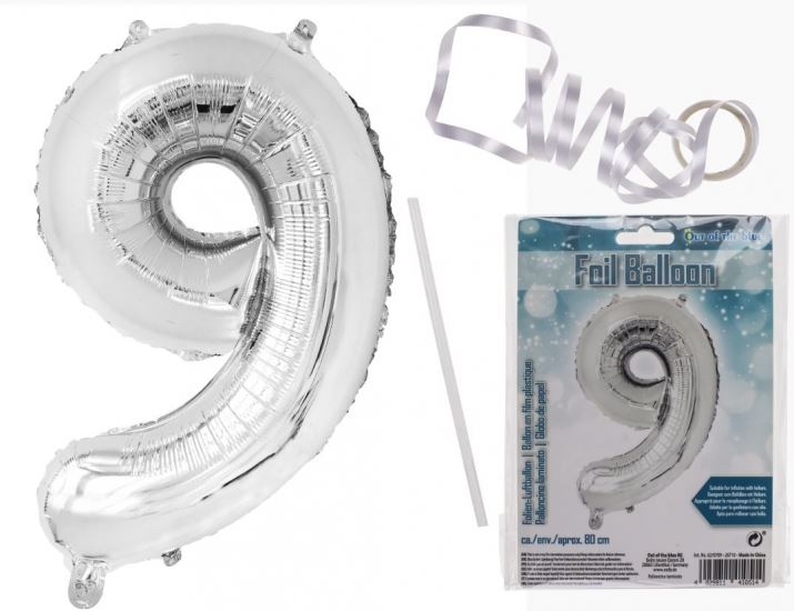 SILVER FOIL BALLOON NUMBER 9 86CM FILL WITH AIR OR HELIUM. OB620709 \\\KD17941