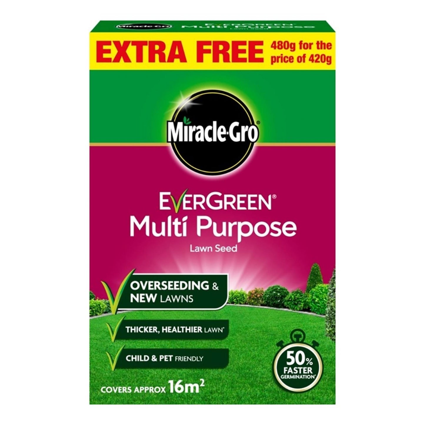 MIRACLE GRO EVERGREEN MULTI PURPOSE LAWN SEED 420G + 60G FREE 16M2. 119613 184754 \\\KD18148