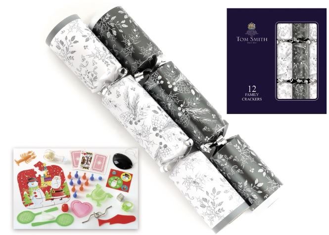 TOM SMITH CHRISTMAS SILVER & WHITE HOLLY LEAF & PINE FAMILY CRACKERS 12/PK. XAJTS1404 \\\KD18377