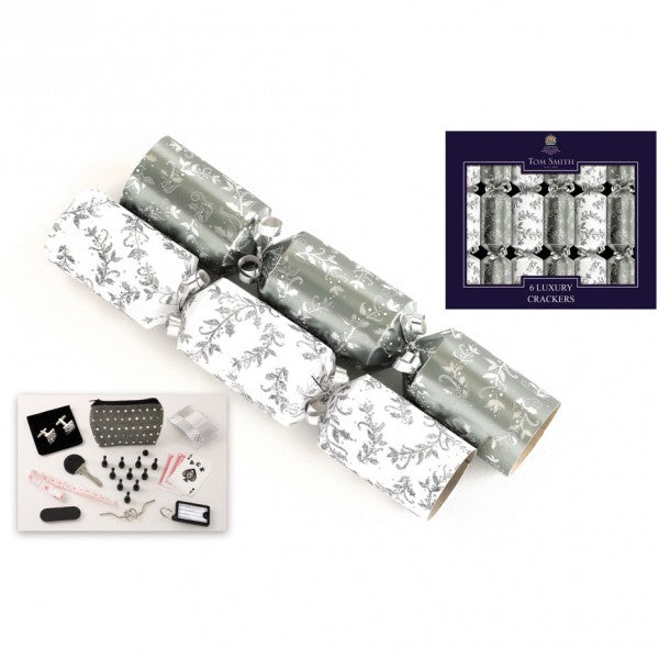 TOM SMITH SILVER & WHITE LUXURY CHRISTMAS CRACKERS 8 INCH  6/PK. XAJTS2302 \\\KD18380