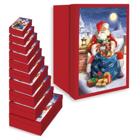 MERRY CHRISTMAS SANTA TRADITIONAL XMAS NESTED GIFT BOXES 10/PK. XAJGB605 \\\KD18389