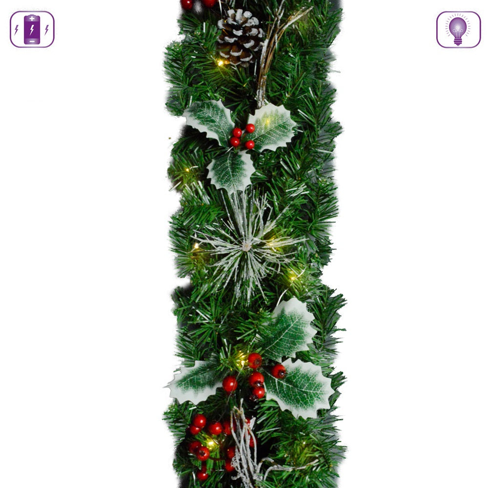 CHRISTMAS BO LIGHT UP HOLLY BERRY GARLAND SNOWY LEAF BATTERY 1.8M. DP56282 \\\KD18479
