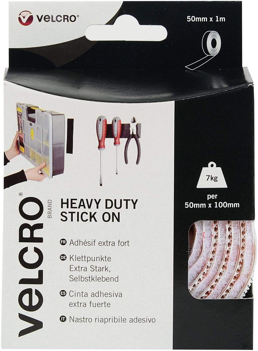 VELCRO HEAVY DUTY STICK ON TAPE WHITE 50MM X 1M. VEL-EC60242 \\\KD18518