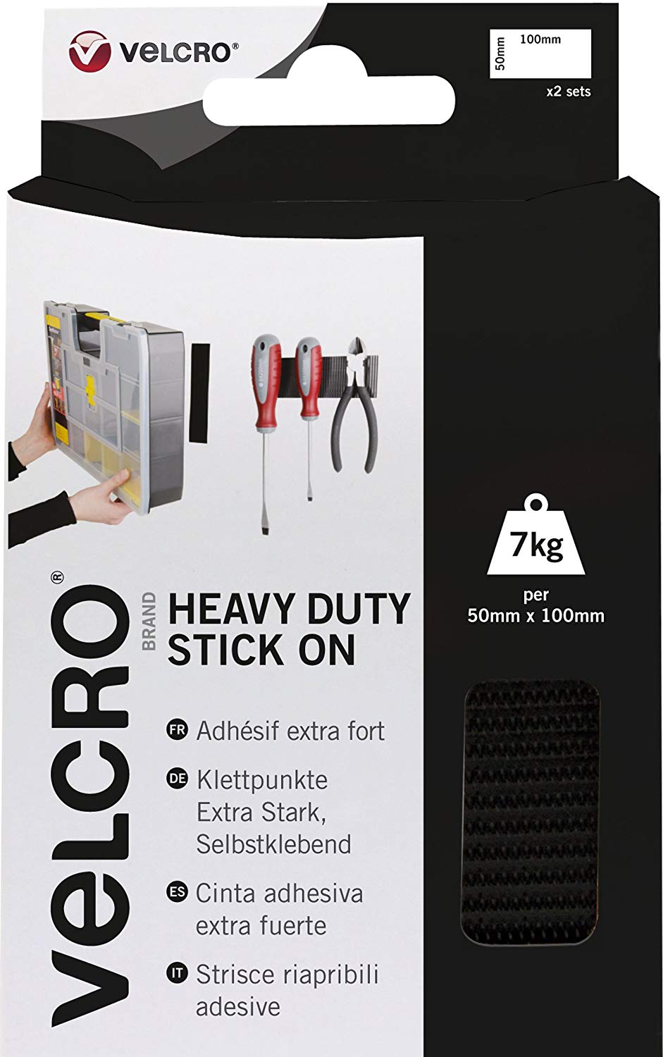 VELCRO BLACK HEAVY DUTY STICK ON STRIPS 50MM X 100MM 2/PK. VEL-EC60239 \\\KD18529