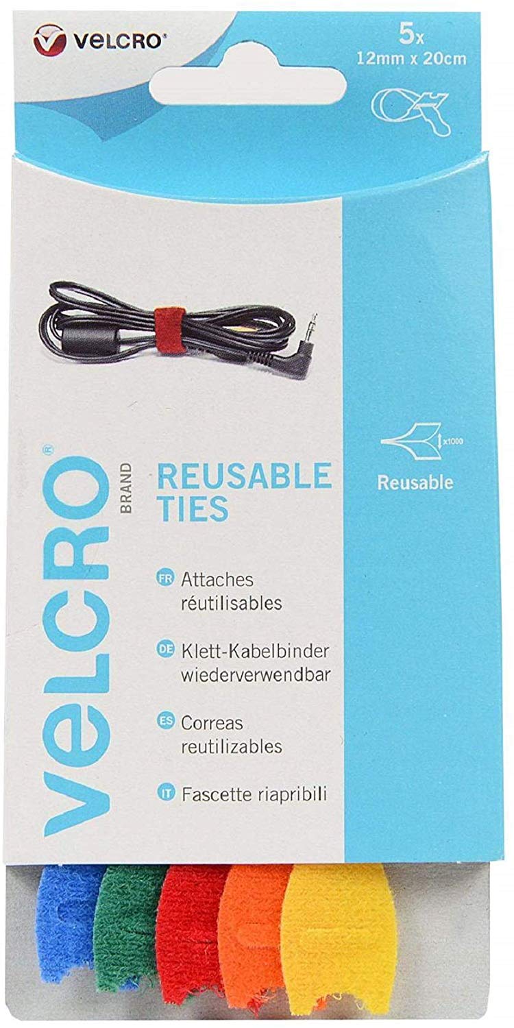 VELCRO ONE-WRAP MULTICOLOUR REUSABLE TIES 12MM X 20CM 5/PK. VEL-EC60250 \\\KD18533