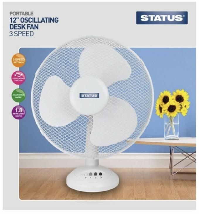 STATUS PORTABLE 12 INCH OSCILLATING DESK FAN WHITE. S12DESKFAN1PKB \\\KD18536