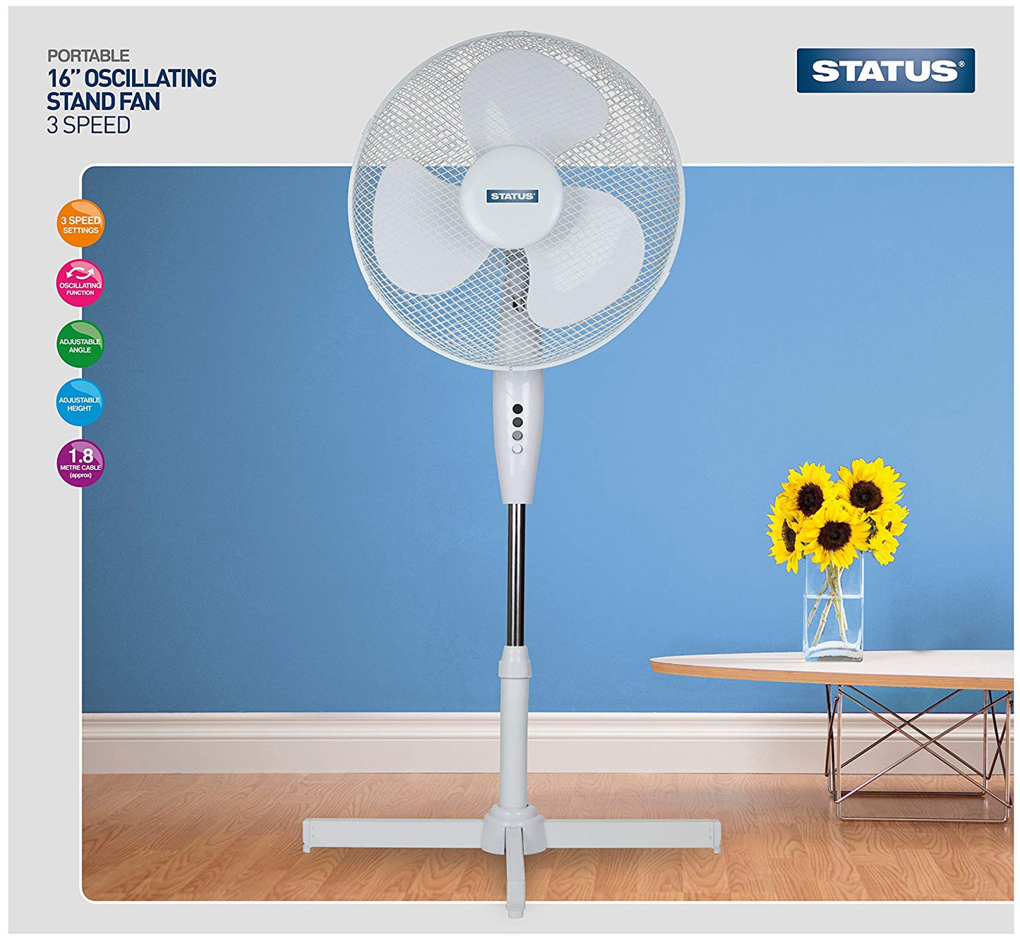 STATUS PORTABLE 16 INCH OSCILLATING STAND FAN WHITE. S16STANDFAN1PKB \\\KD18539