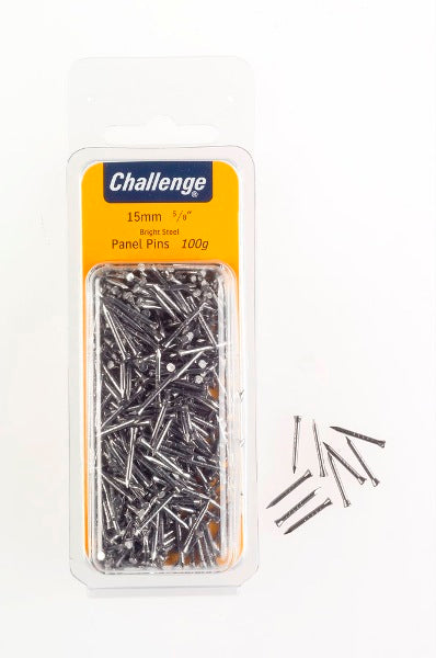 CHALLENGE BRIGHT STEEL PANEL PINS 15MM 100G. FS40221 \\\KD18641