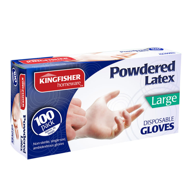 100 KINGFISHER DISPOSABLE POWDERED LATEX GLOVES  - LARGE. KGVL3 \\\KD18648