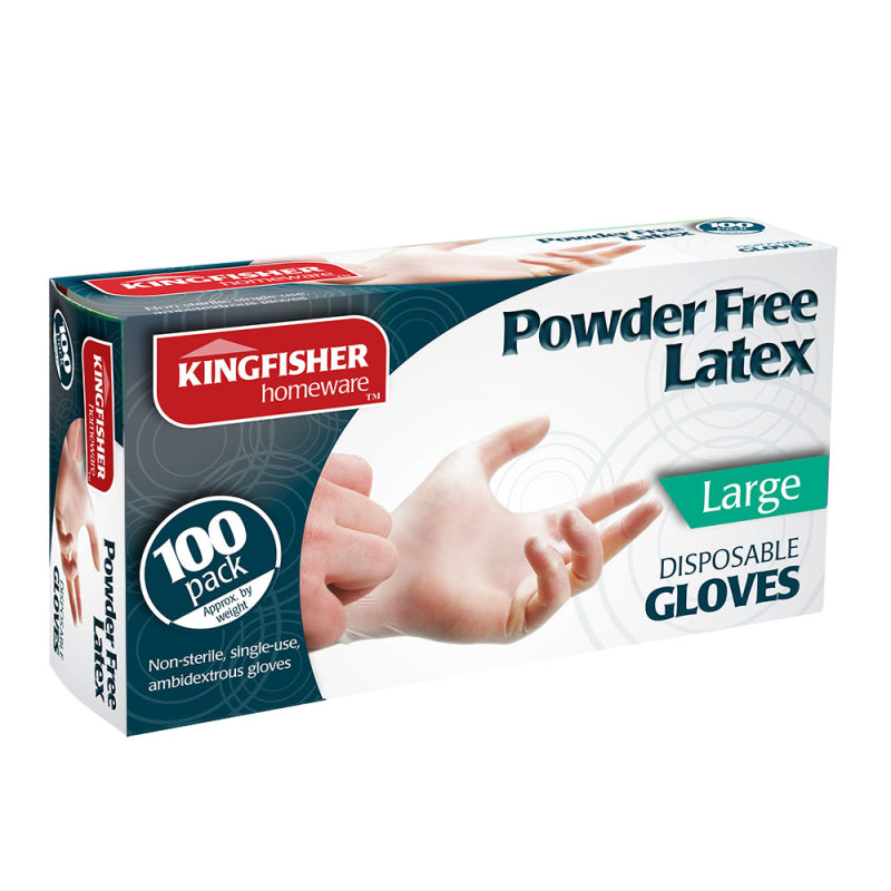 100 KINGFISHER DISPOSABLE POWDER FREE LATEX GLOVES - LARGE. KGVL3PF \\\KD18650