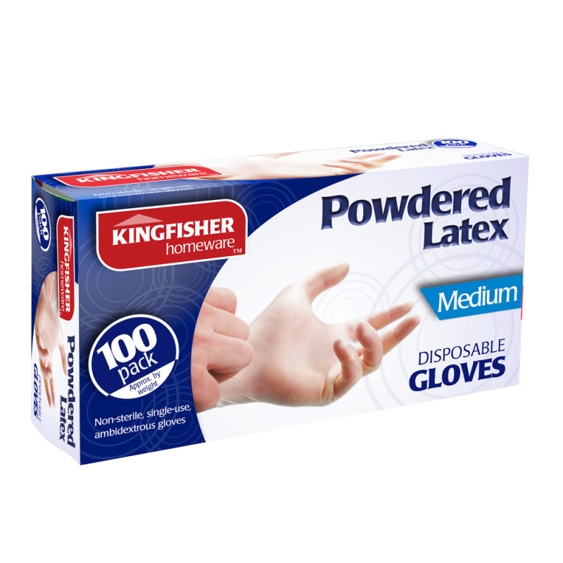 100 KINGFISHER DISPOSABLE POWDERED LATEX GLOVES  - MEDIUM. KGVL2 \\\KD18651