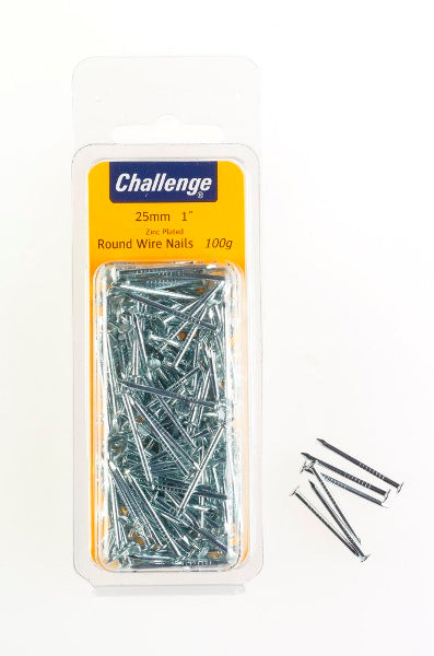 CHALLENGE ROUND WIRE NAILS ZINC PLATED 25MM 100G. FS40262 \\\KD18681