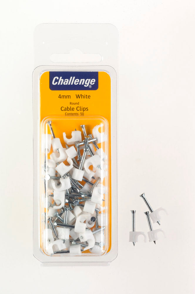 CHALLENGE WHITE ROUND CABLE CLIPS 4MM 50/PK. FS40265 \\\KD18714