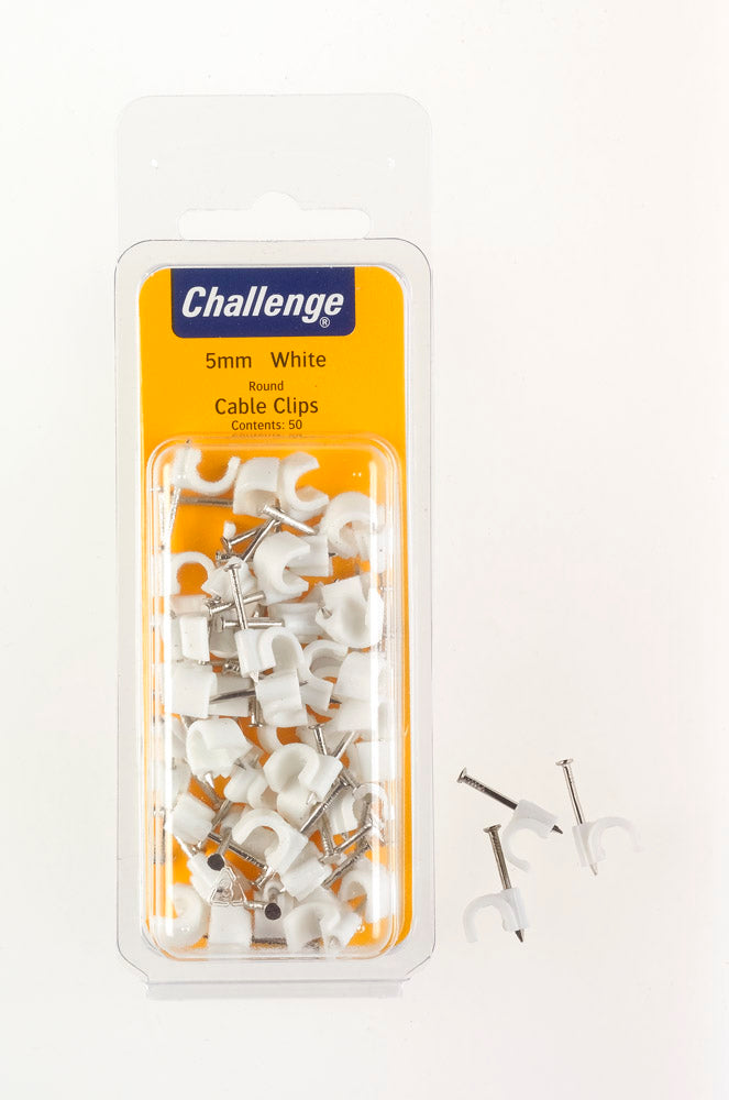 CHALLENGE WHITE ROUND CABLE CLIPS 5MM 50/PK. FS40266 \\\KD18715