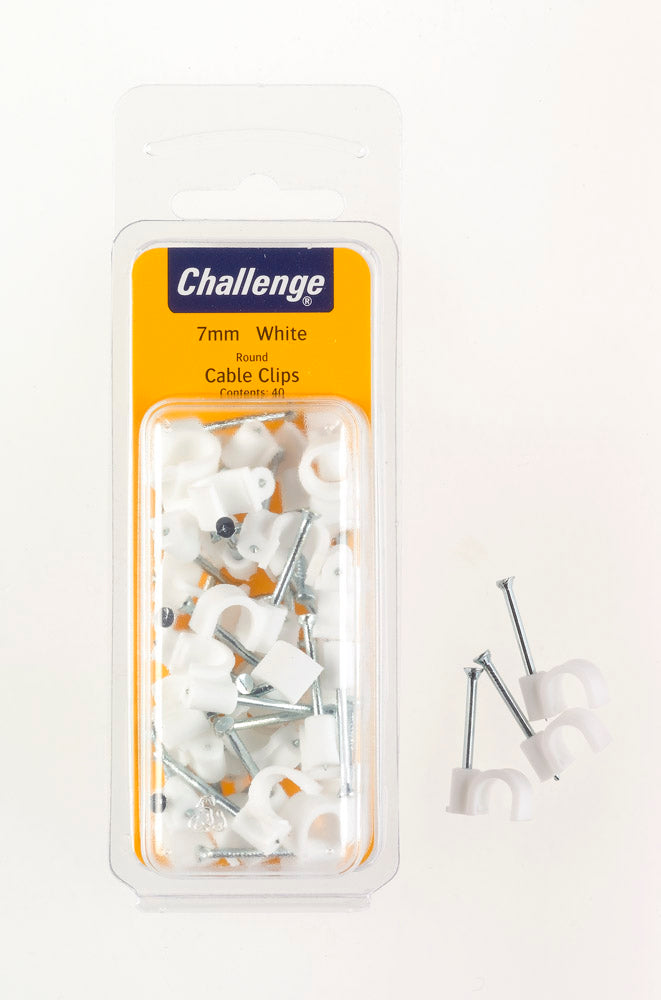 CHALLENGE WHITE ROUND CABLE CLIPS 7MM 40/PK. FS40267 \\\KD18716