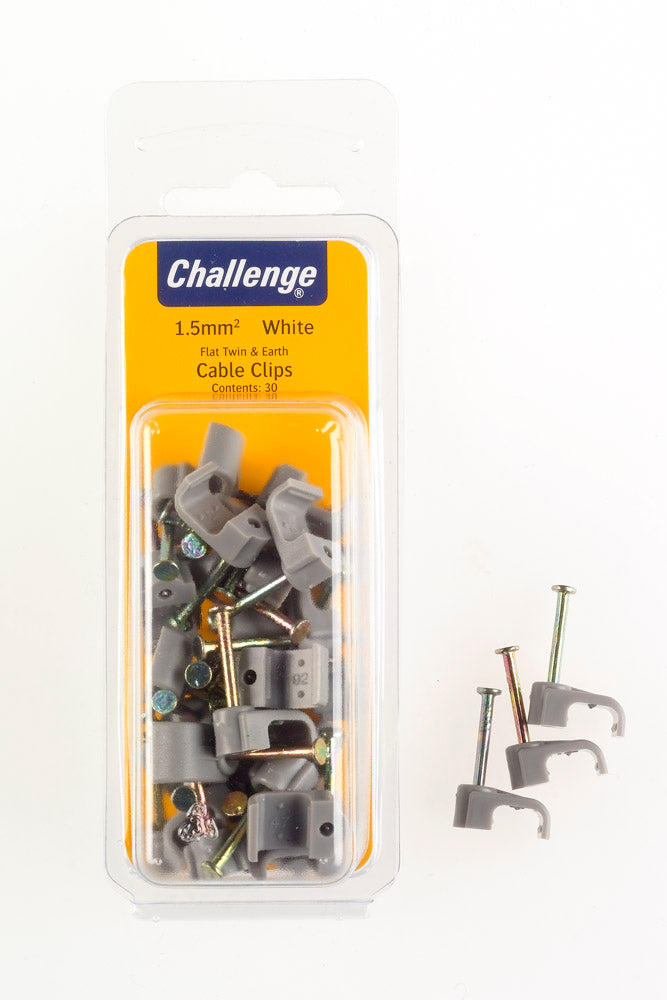 CHALLENGE WHITE FLAT TWIN & EARTH CABLE CLIPS 1.5MM 30/PK. FS40269 \\\KD18717