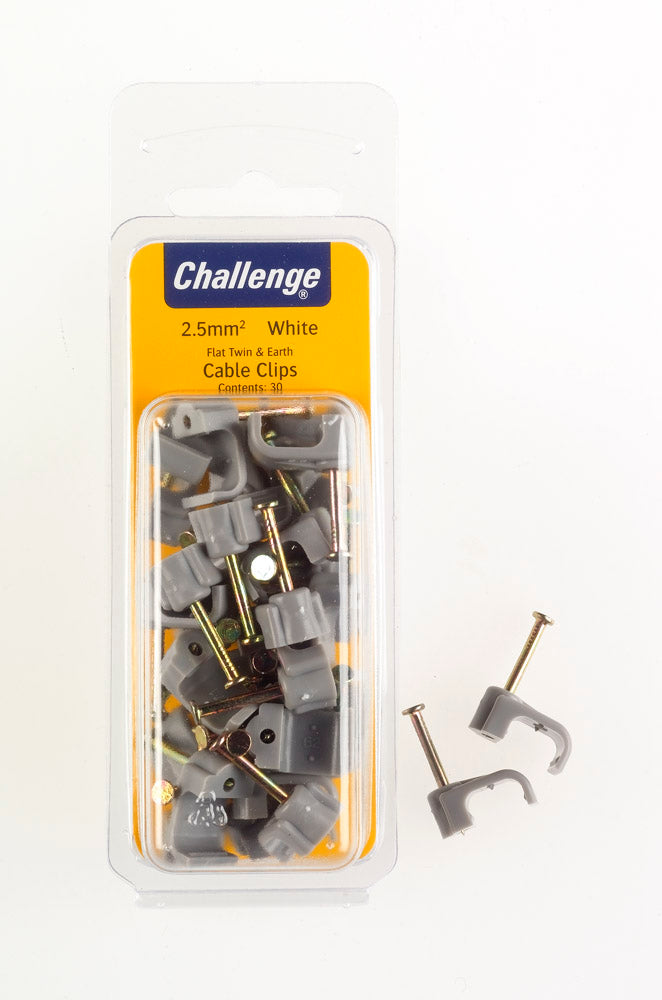 CHALLENGE WHITE FLAT TWIN & EARTH CABLE CLIPS 2.5MM 30/PK. FS40270 \\\KD18718
