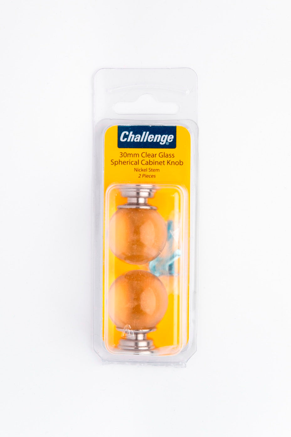 CHALLENGE CLEAR GLASS SEPHERICAL CABINET KNOB WITH NICKEL STEM 30MM 2/PK. FS40703 \\\KD18720