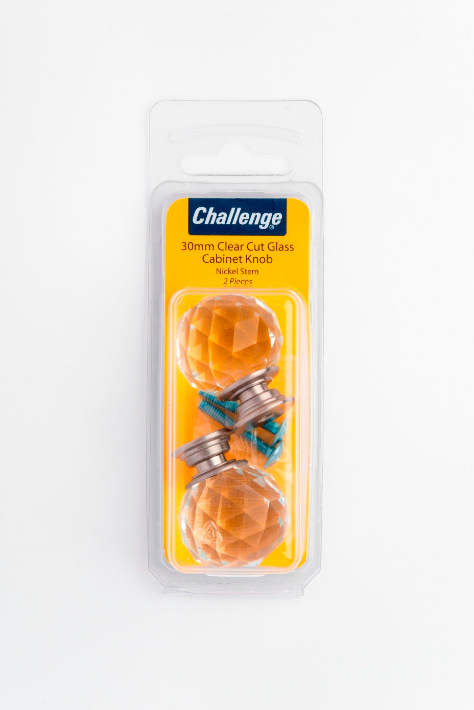 CHALLENGE CLEAR CUT GLASS CABINET KNOB WITH NICKEL STEM 30MM 2/PK. FS40704 \\\KD18721