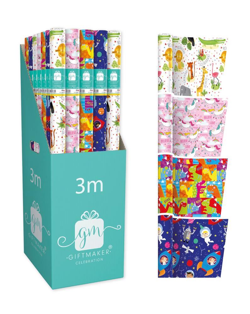 GIFTMAKER COLLECTION 3 METER KIDS MIX WRAPPING PAPER ROLL. Y9GM123D \\\KD18939