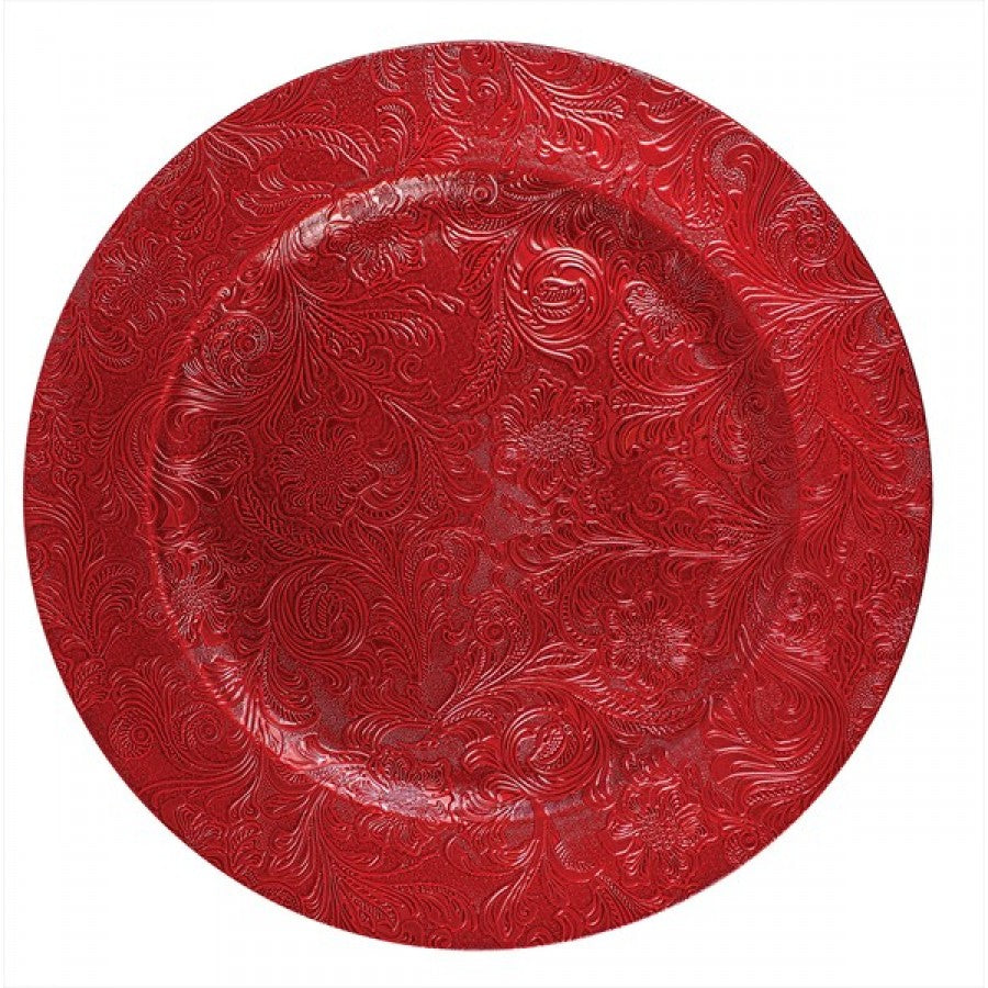 HARVEY & MASON EMBOSSED RED FLORAL DESIGN CHARGER PLATES 33CM. XM4497 \\\KD18940