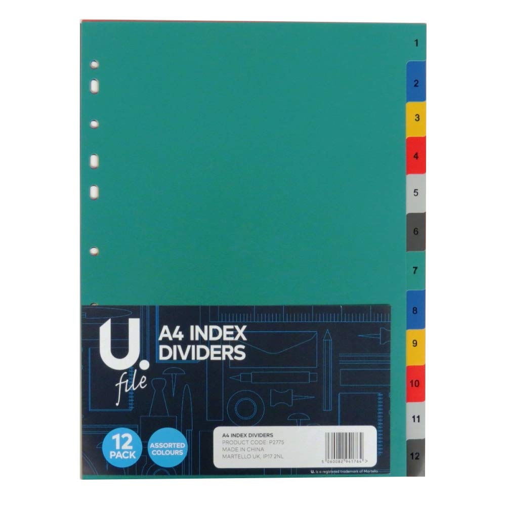 A4 POLYPROPYLENE INDEX TABBED DIVIDERS - NUMBERED 1 TO 12 MIXED COLOURS. P2775 \\\KD19125