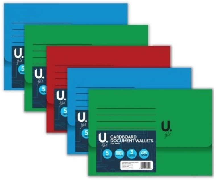 A4 CARDBOARD DOCUMENT WALLETS 200 GSM ASSORTED PACK OF 5. P2778 \\\KD19126