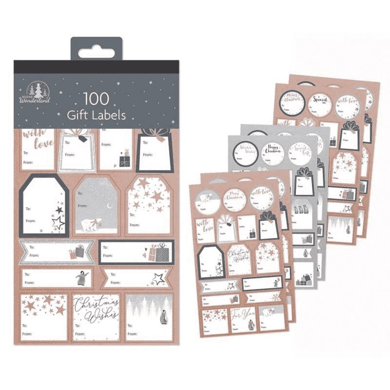 100 CONTEMPORARY FOIL CHRISTMAS GIFT LABELS ROSE GOLD / GREY. TA2929 \\\KD19278