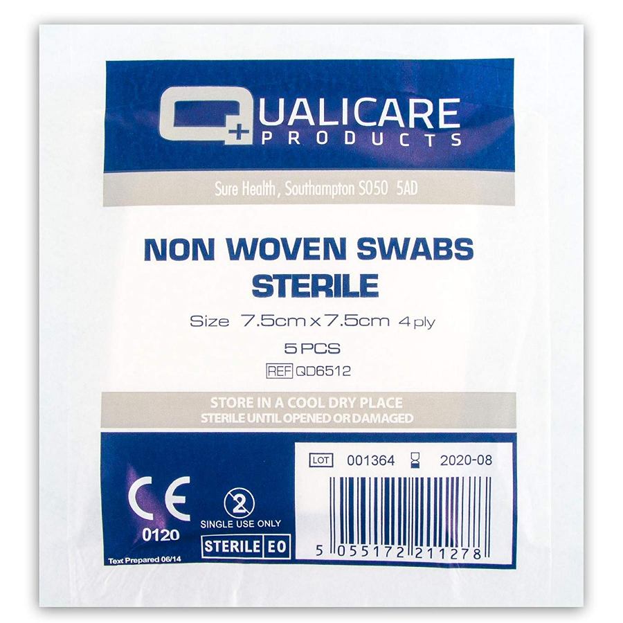 QUALICARE SWABS STERILE GAUZE 7.5CM X 7.5CM 5/PK. QD6512 \\\KD19438