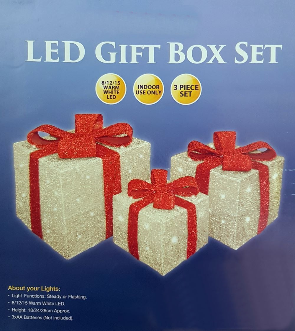 NEST OF 3 RED TINSEL GIFT BOXES WHITE LED LIGHTS 25/20/15CM. BML78970 \\\KD19660