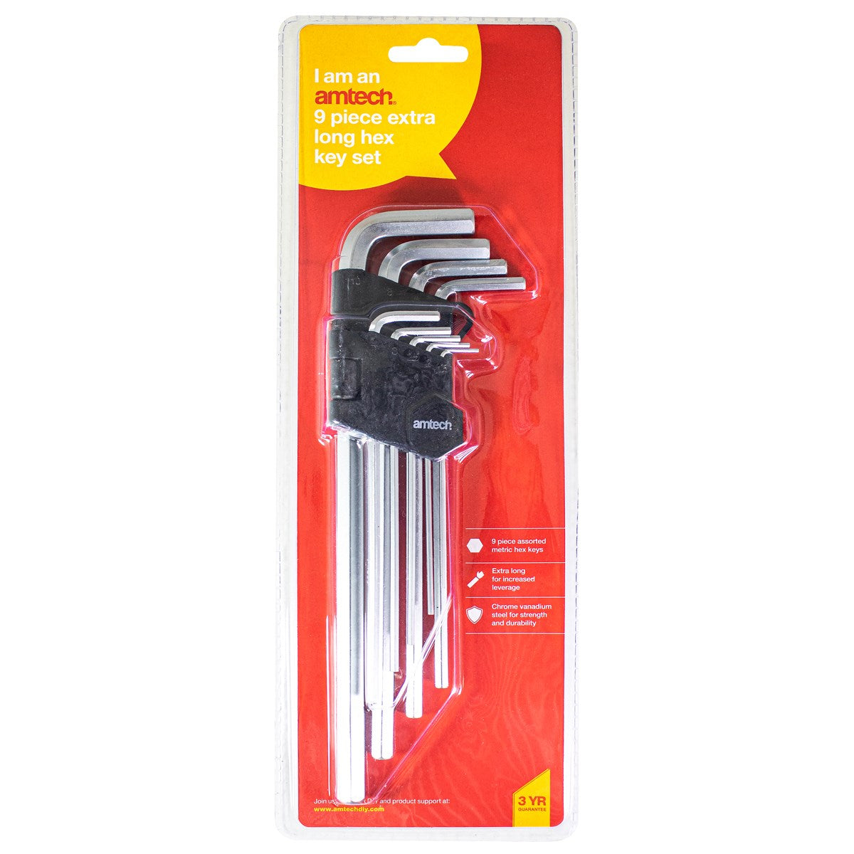 AMTECH 9PC EXTRA LONG METRIC HEX ALLEN KEY SET 1.5 - 10MM. I8778 \\\KD19665